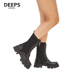 CARLA KNITTED LEG ZIP UP CALF BOOTS BLACK
