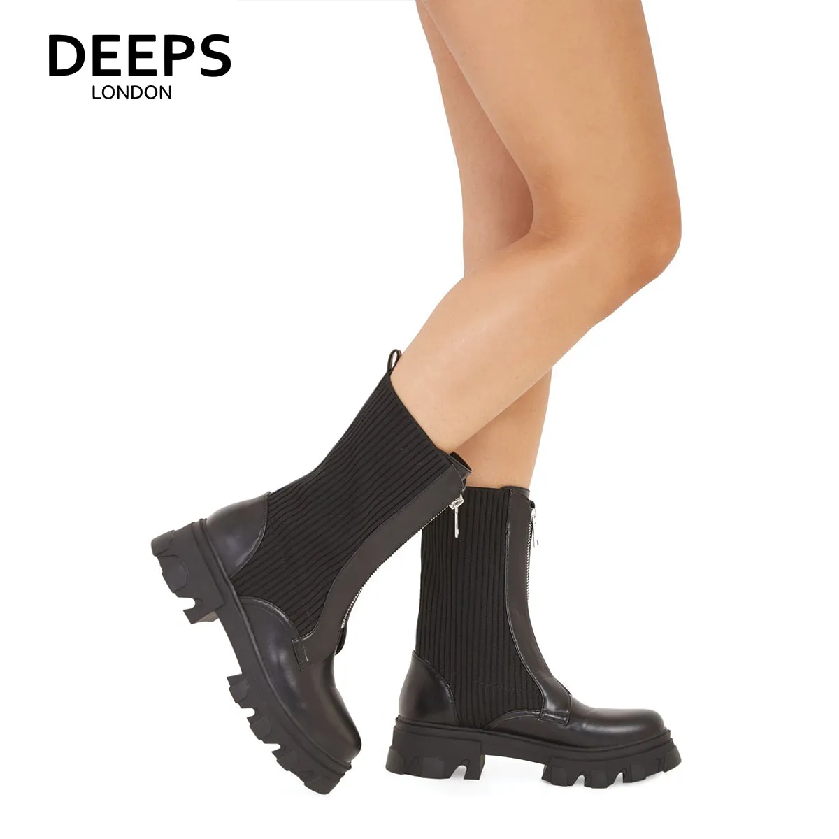 CARLA KNITTED LEG ZIP UP CALF BOOTS BLACK