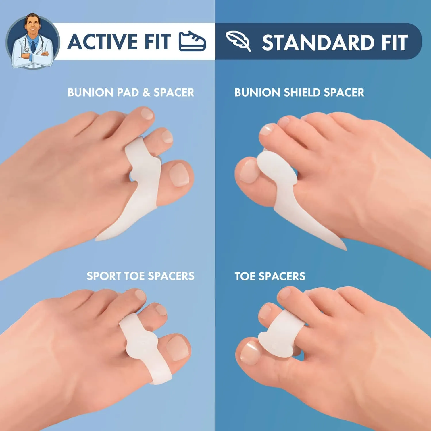 Dr. Frederick's Original Bunion Pad & Spacer - 4pcs - Temporary Bunion Corrector - Toe Separator - Soft Gel Cushion - Bunion Shield - Wear with Shoes - Fast Bunion Pain Relief for Women & Men