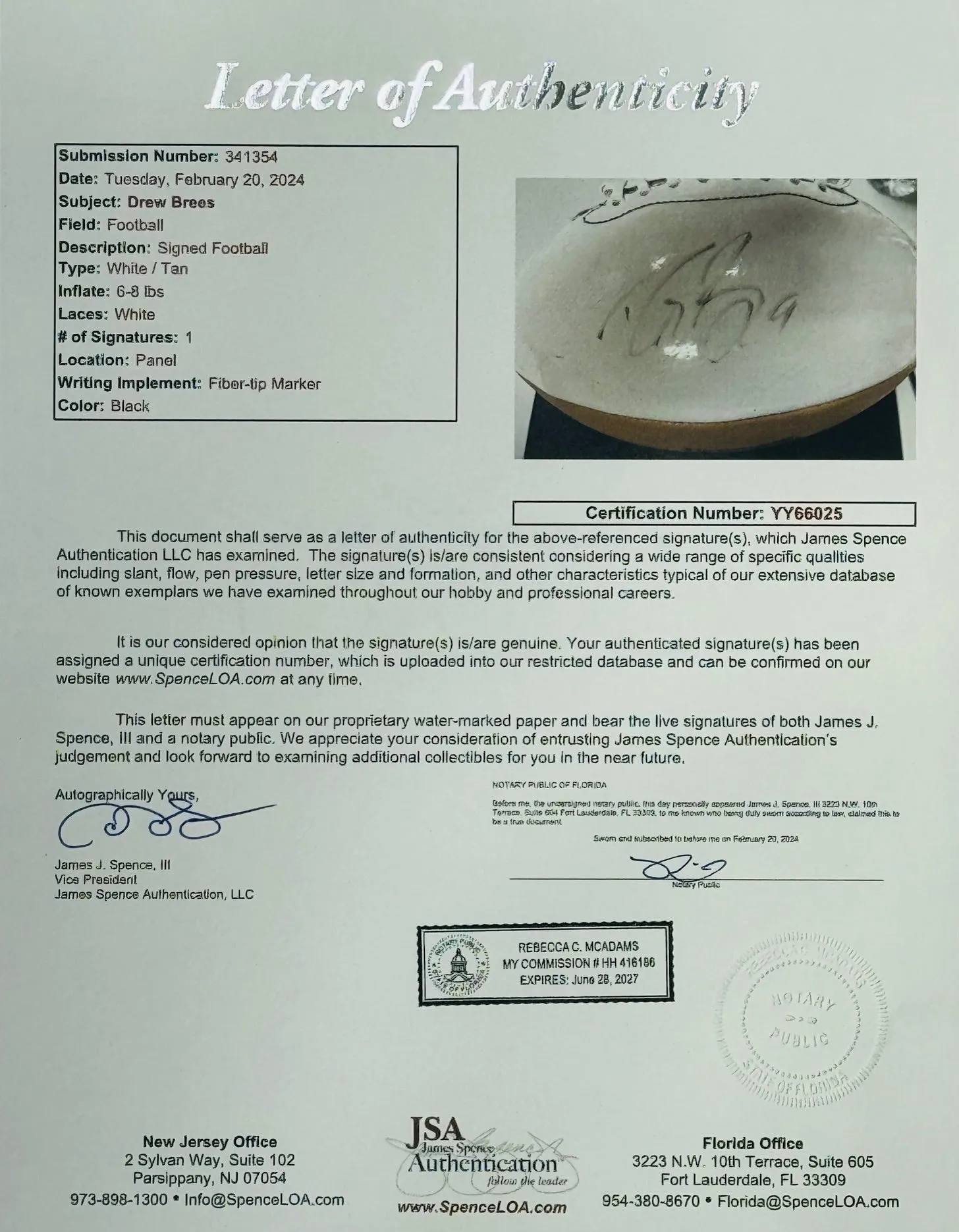 Drew Brees Autographed Premium Football (JSA)