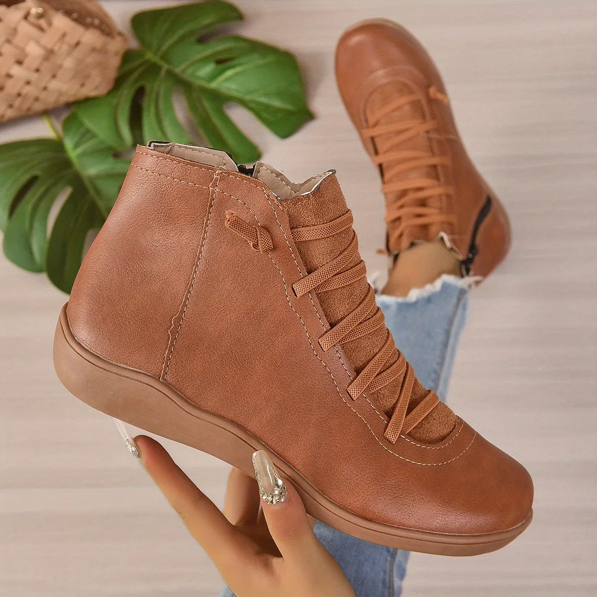 elveswallet Side Zipper Slip On Comfy Soft Sole Platform Ankle Boots