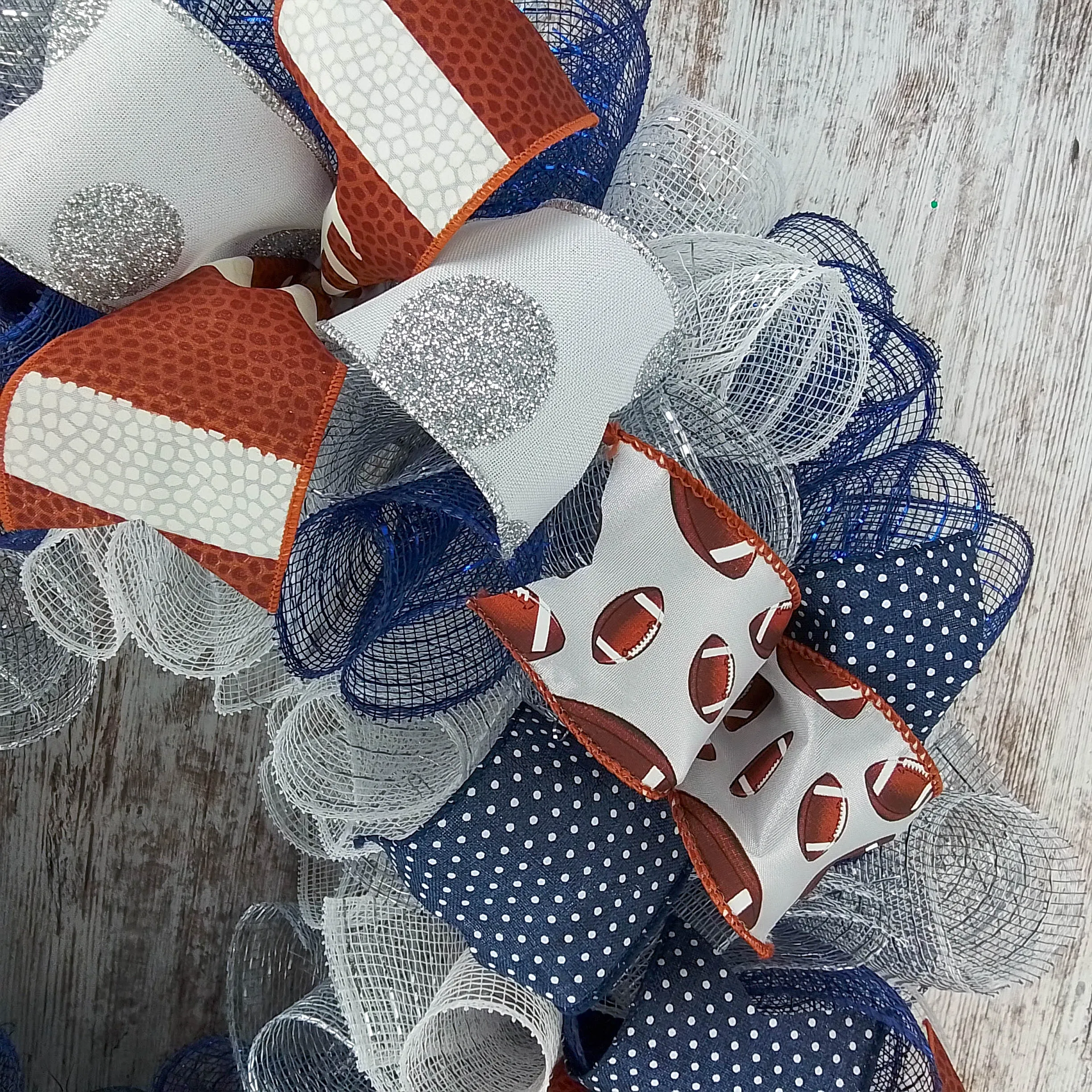 Football Wreath for Front Door, Navy Silver White