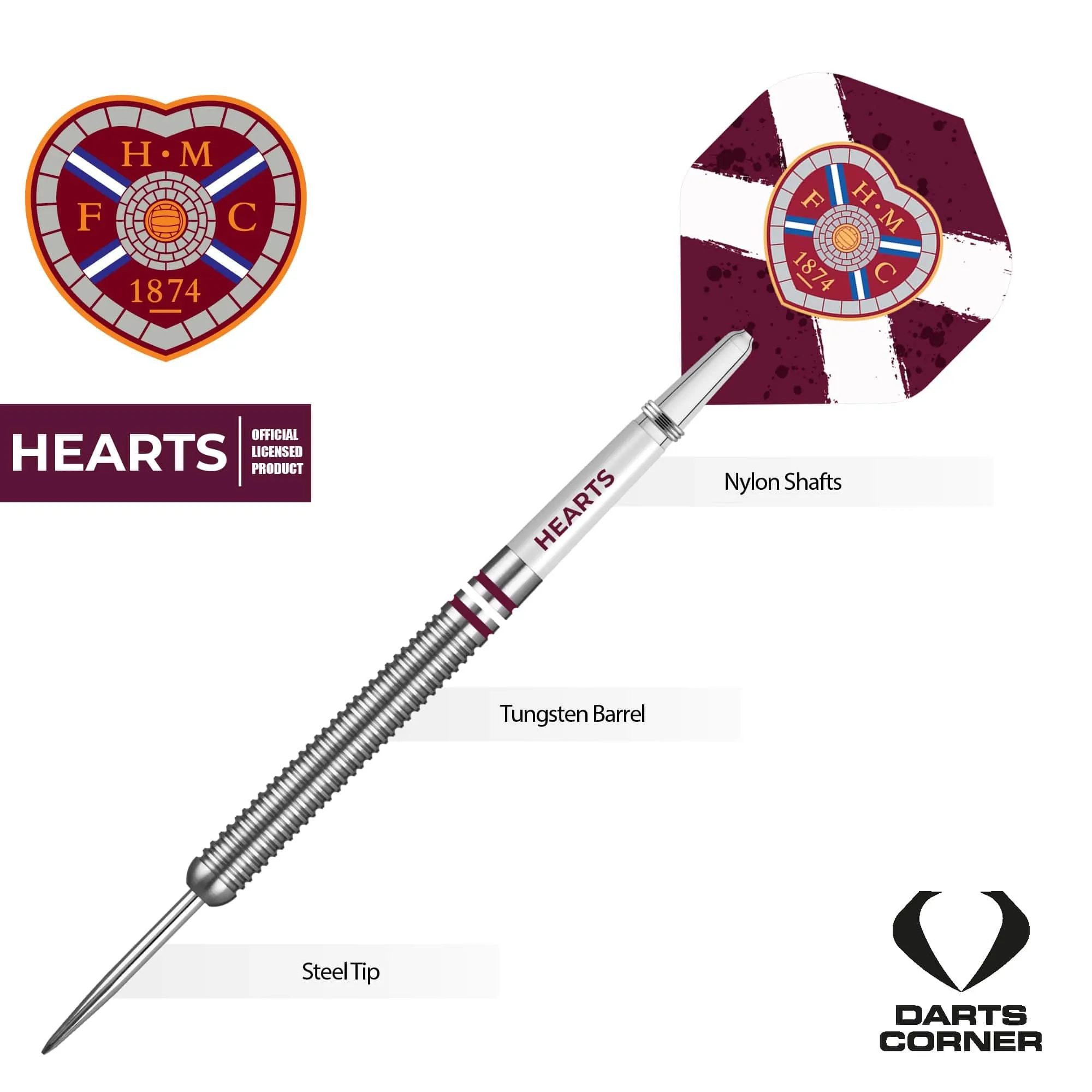 Heart of Midlothian FC - Official Licensed - Hearts - Steel Tip Darts - Tungsten - 24g