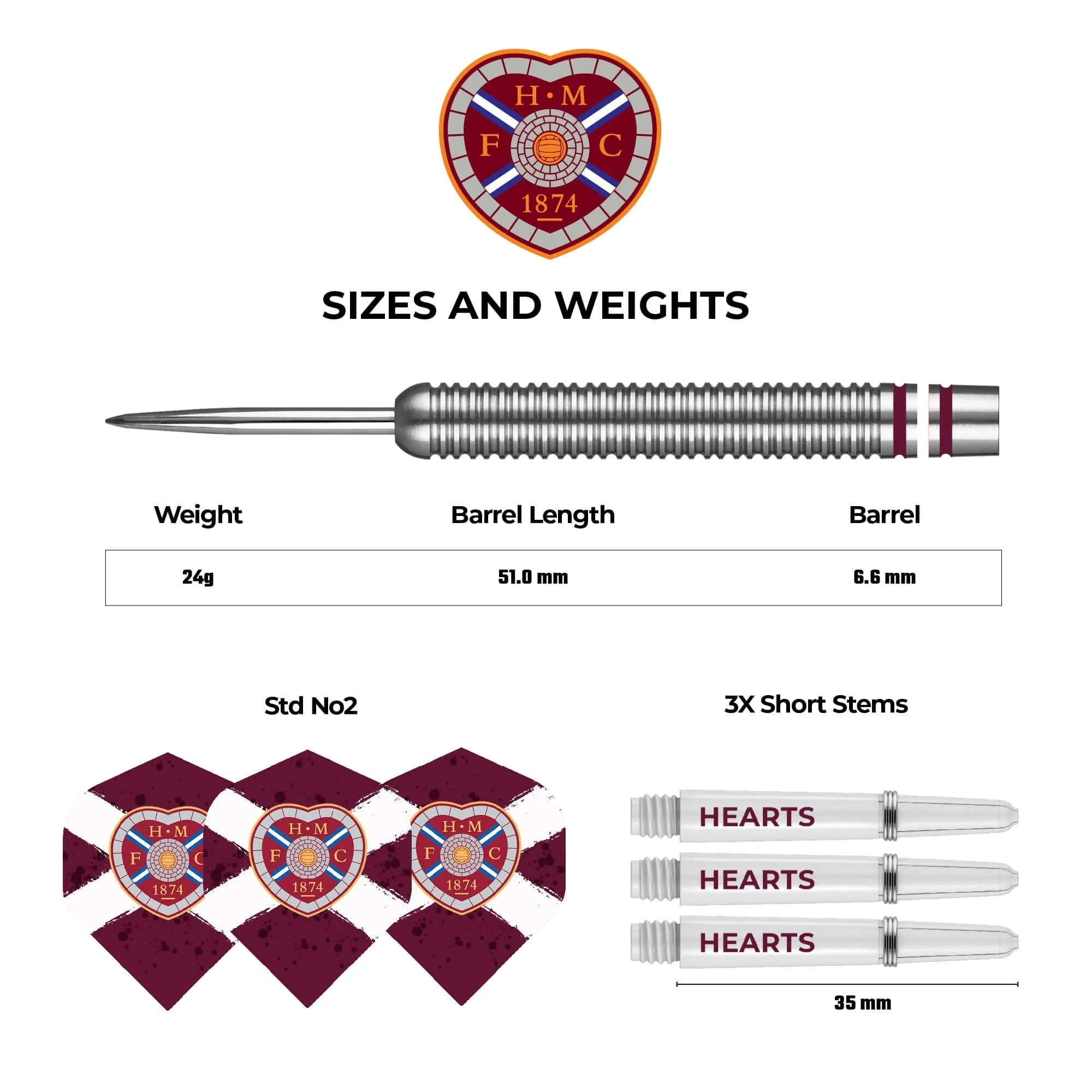 Heart of Midlothian FC - Official Licensed - Hearts - Steel Tip Darts - Tungsten - 24g