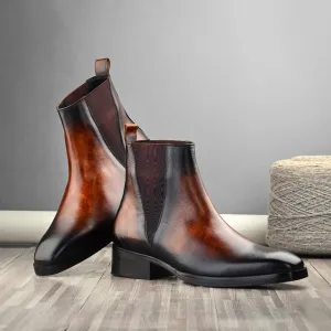 Marble-Gloss Masterpiece: Men’s Hand-Patina Chelsea Boots in Cognac