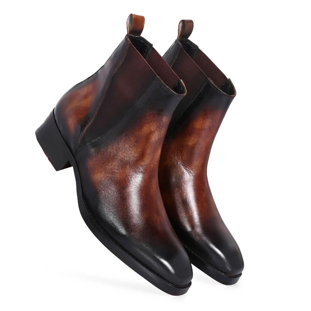 Marble-Gloss Masterpiece: Men’s Hand-Patina Chelsea Boots in Cognac