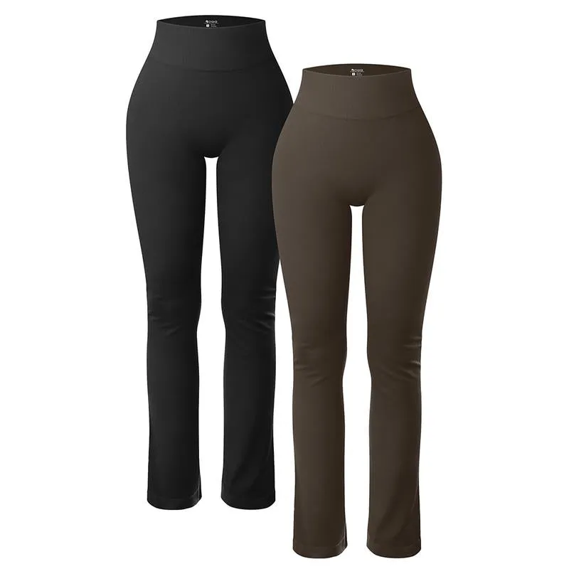 Oqq-Nine Cents Women'S 2 Piece Yoga Pants Ribbed Seamless Workout High Waist Athletic Straight Leg Leggings Breathable