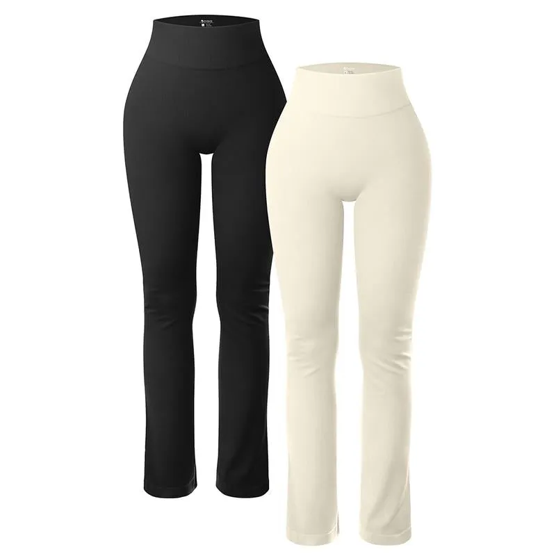 Oqq-Nine Cents Women'S 2 Piece Yoga Pants Ribbed Seamless Workout High Waist Athletic Straight Leg Leggings Breathable