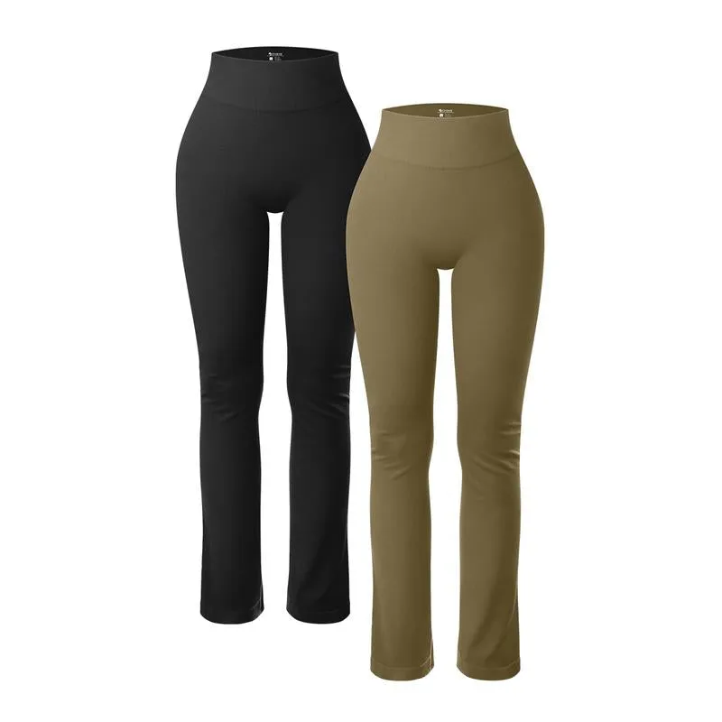 Oqq-Nine Cents Women'S 2 Piece Yoga Pants Ribbed Seamless Workout High Waist Athletic Straight Leg Leggings Breathable
