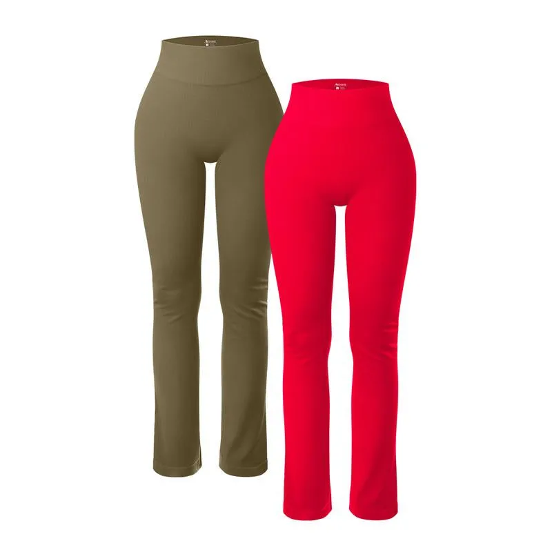 Oqq-Nine Cents Women'S 2 Piece Yoga Pants Ribbed Seamless Workout High Waist Athletic Straight Leg Leggings Breathable