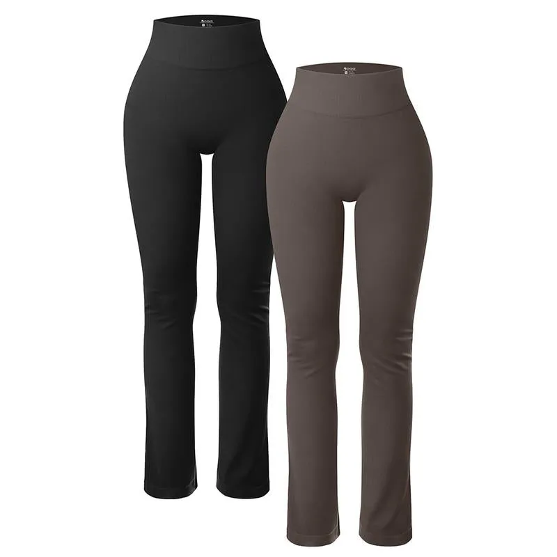 Oqq-Nine Cents Women'S 2 Piece Yoga Pants Ribbed Seamless Workout High Waist Athletic Straight Leg Leggings Breathable