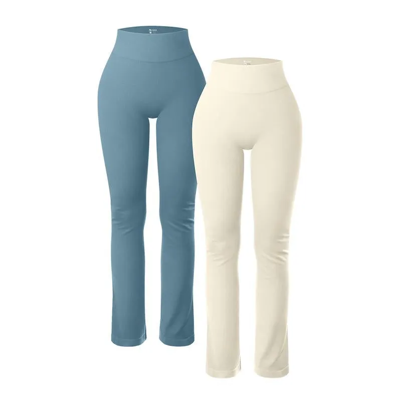 Oqq-Nine Cents Women'S 2 Piece Yoga Pants Ribbed Seamless Workout High Waist Athletic Straight Leg Leggings Breathable