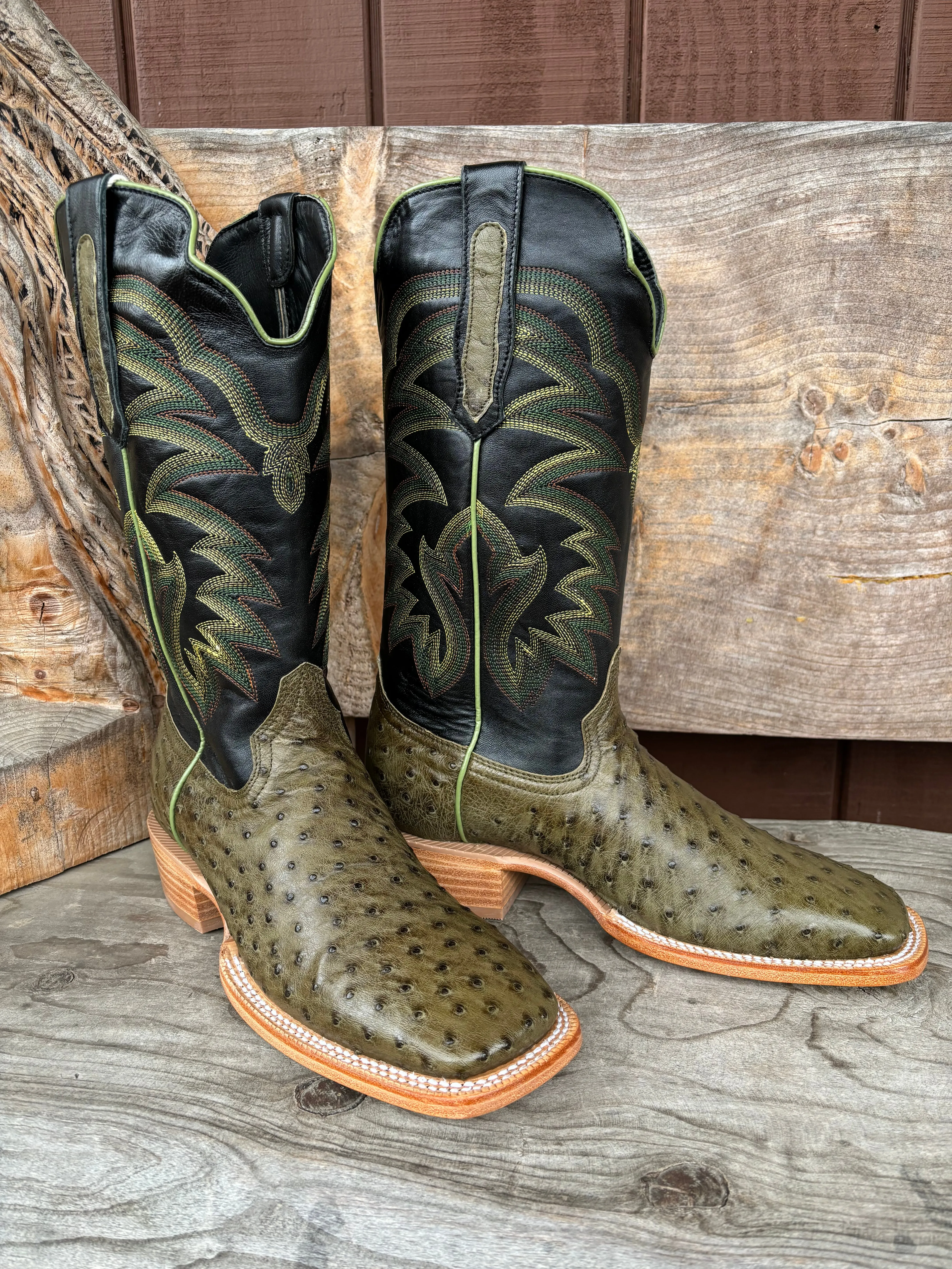 R. Watson Men's Forest Green Full Quill Ostrich Wide Square Toe Men's Cowboy Boots RW4521-2