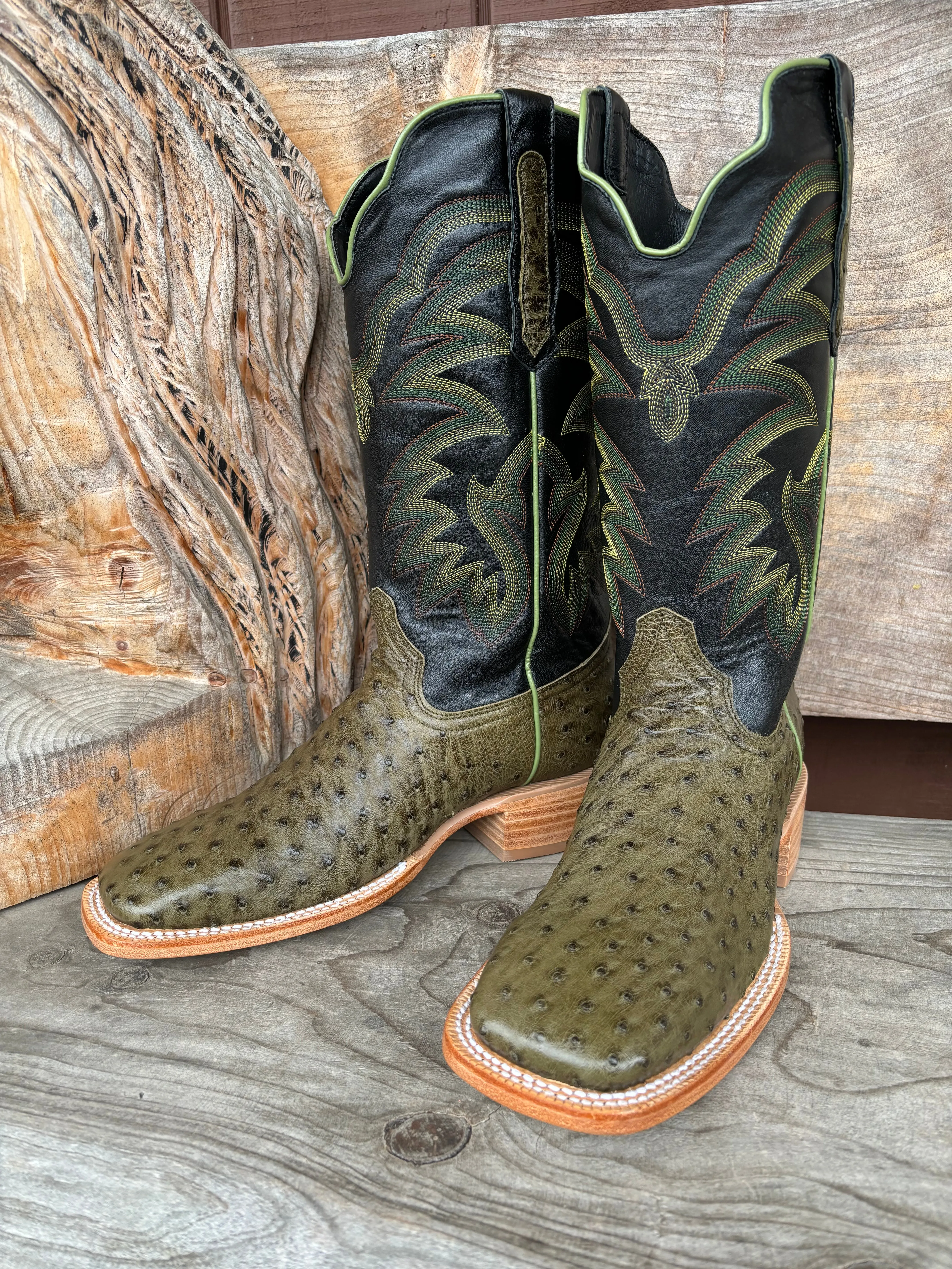 R. Watson Men's Forest Green Full Quill Ostrich Wide Square Toe Men's Cowboy Boots RW4521-2