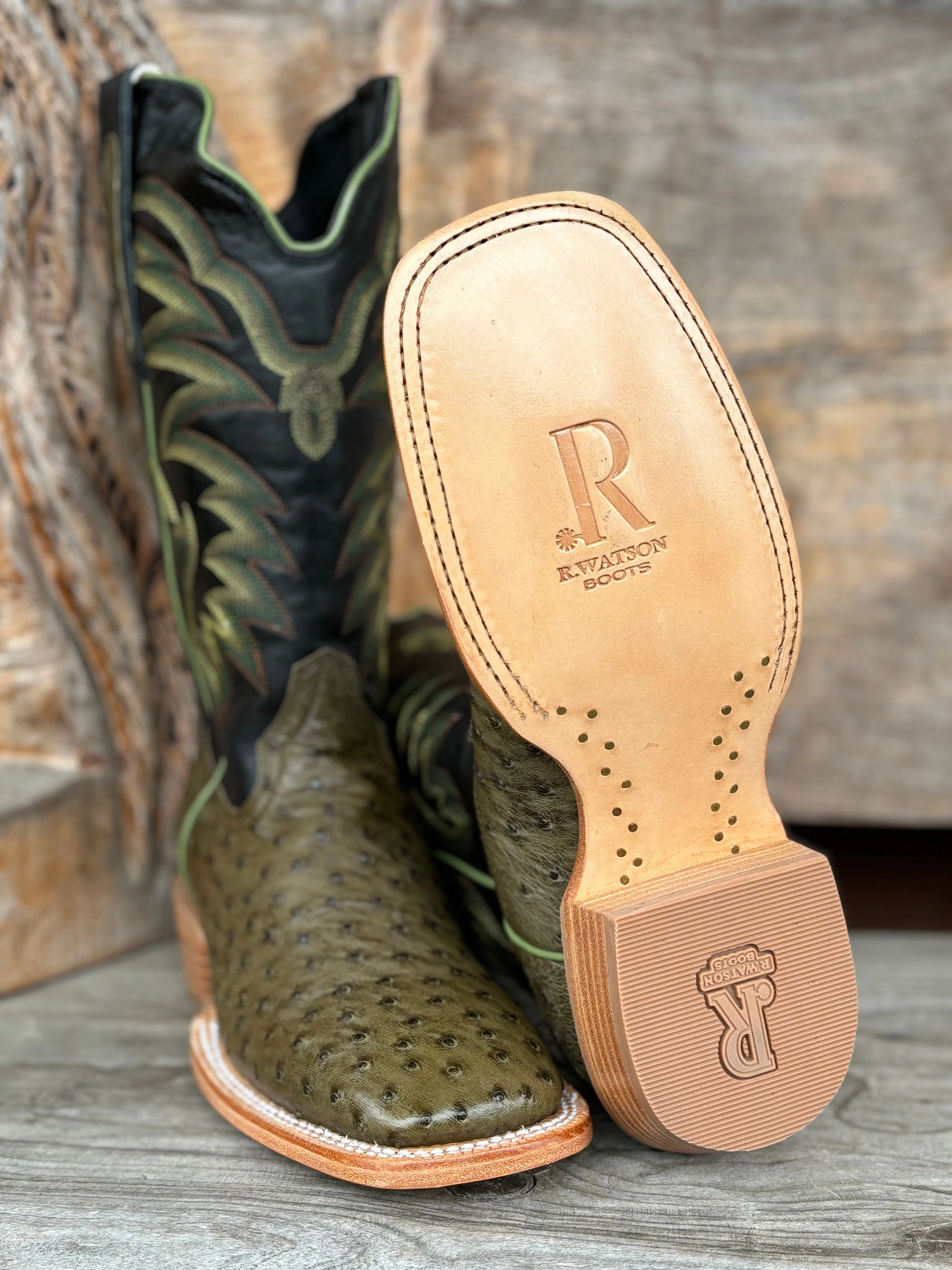 R. Watson Men's Forest Green Full Quill Ostrich Wide Square Toe Men's Cowboy Boots RW4521-2