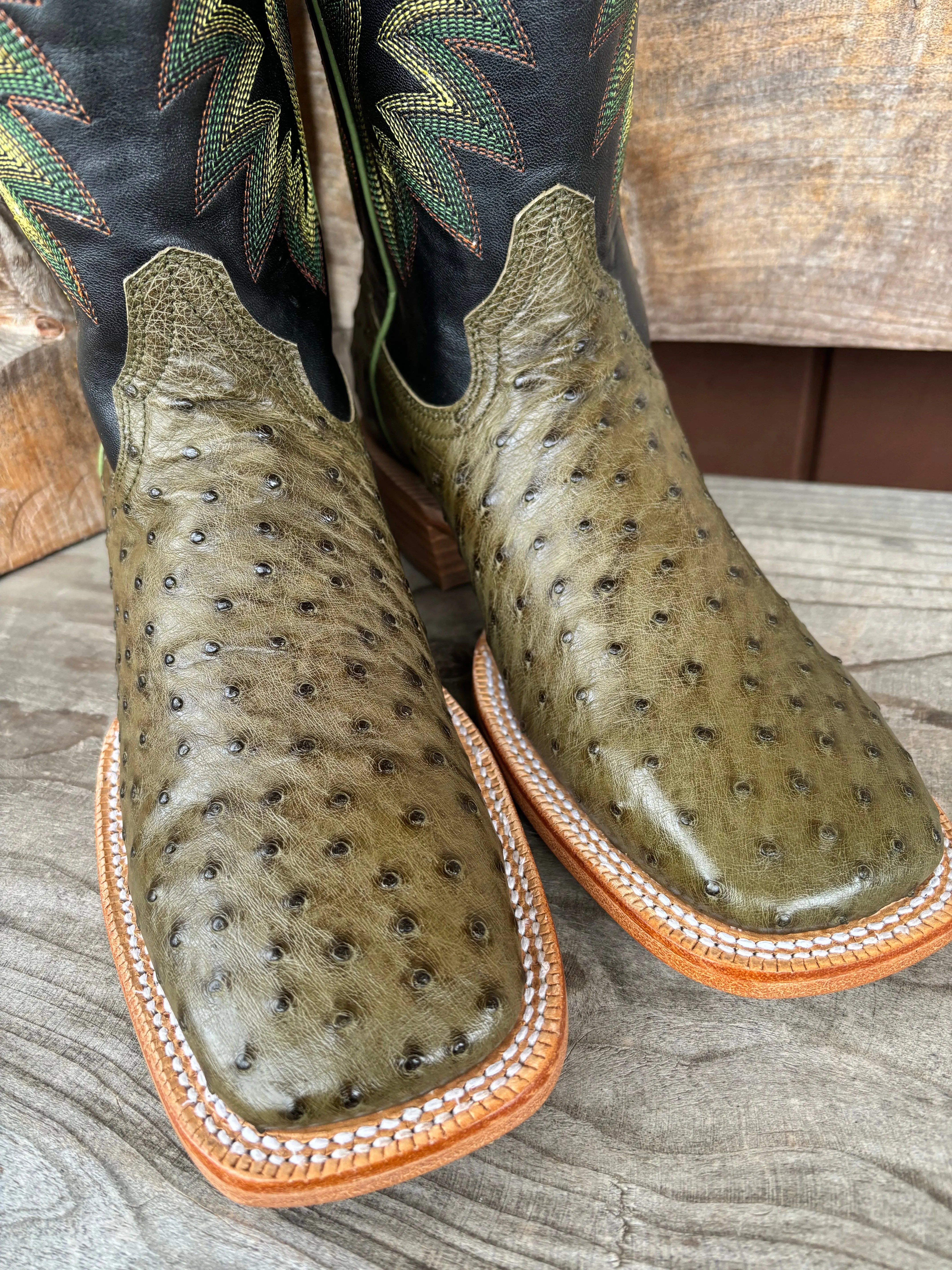 R. Watson Men's Forest Green Full Quill Ostrich Wide Square Toe Men's Cowboy Boots RW4521-2