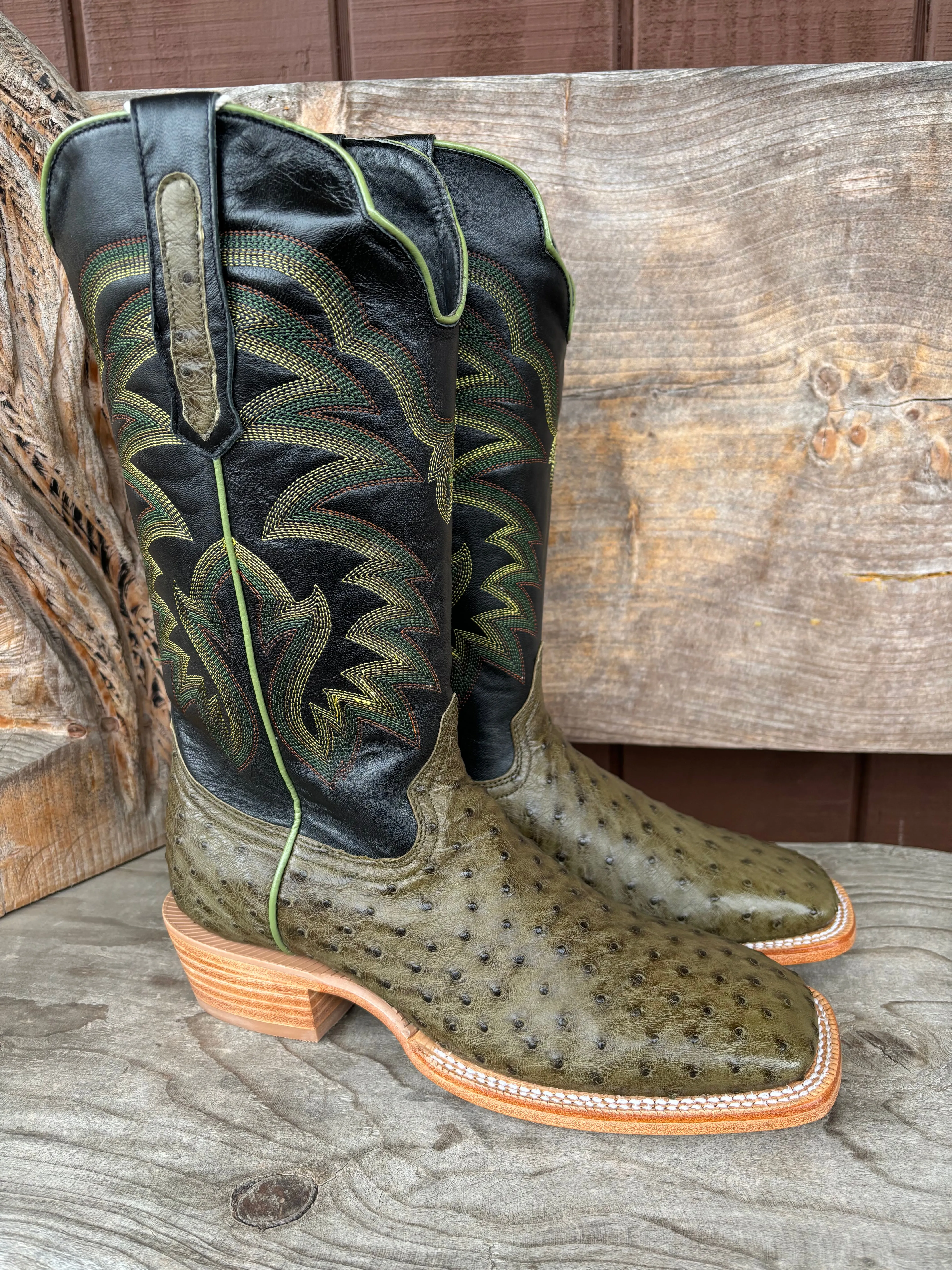 R. Watson Men's Forest Green Full Quill Ostrich Wide Square Toe Men's Cowboy Boots RW4521-2