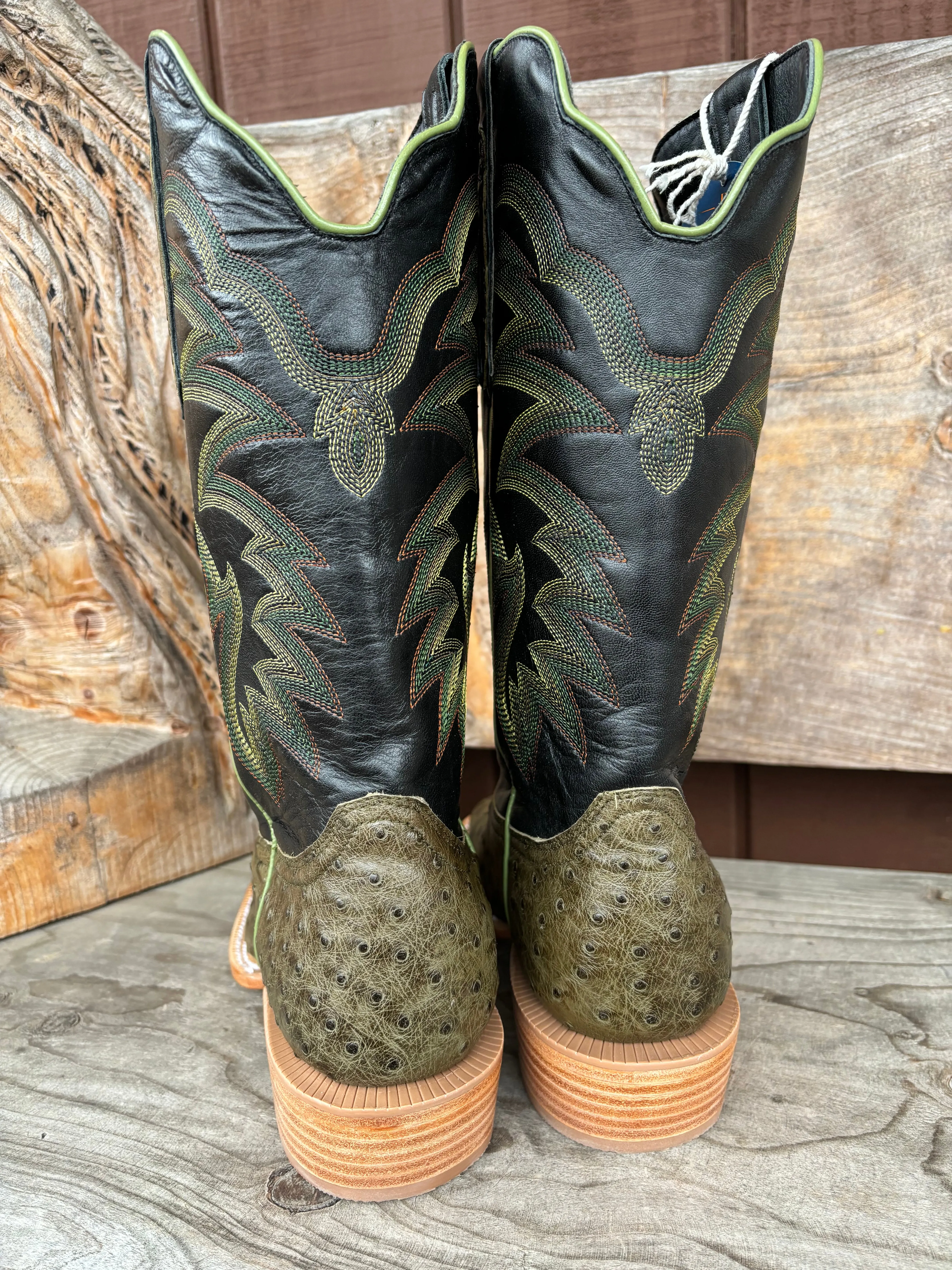 R. Watson Men's Forest Green Full Quill Ostrich Wide Square Toe Men's Cowboy Boots RW4521-2