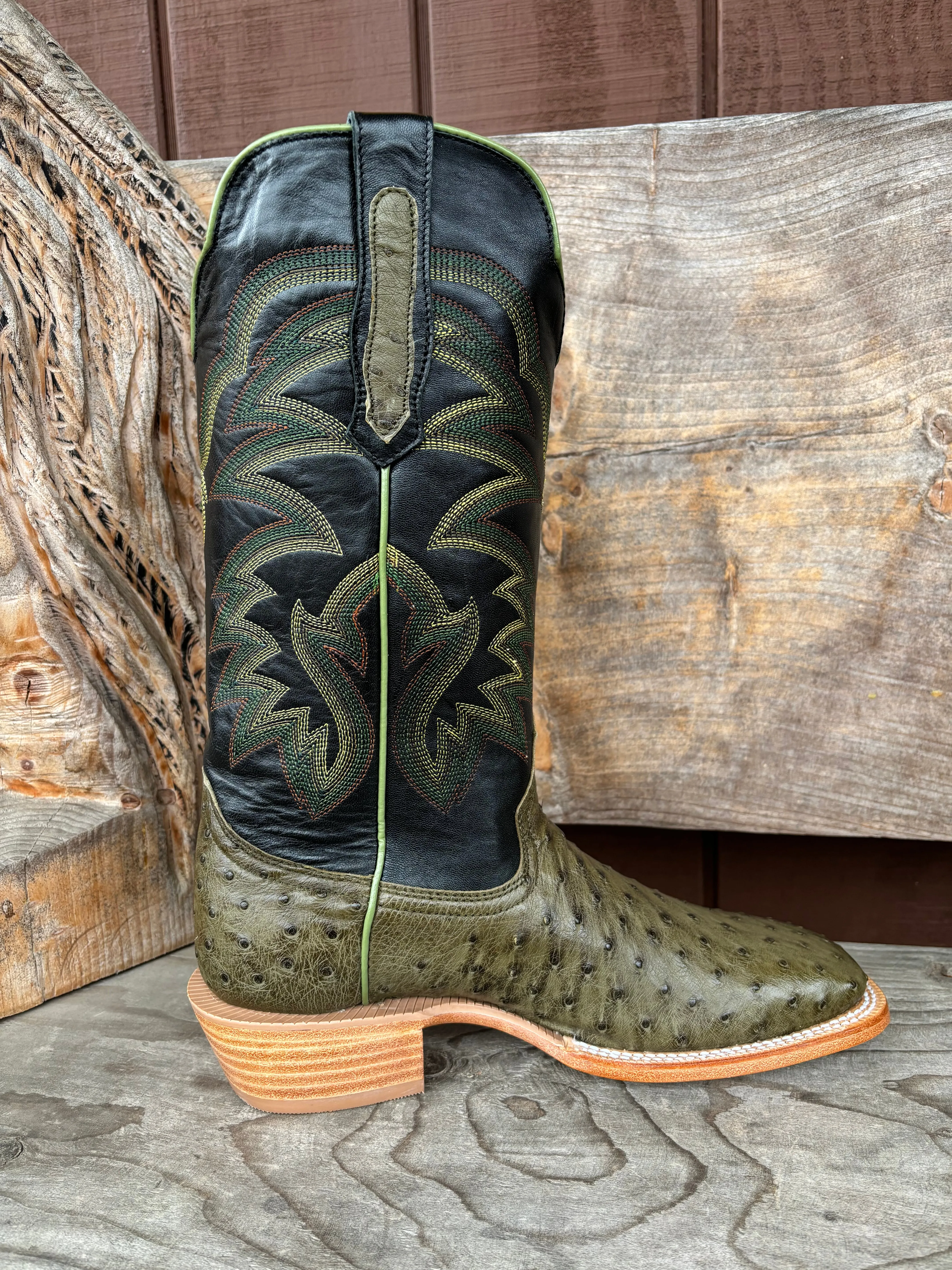 R. Watson Men's Forest Green Full Quill Ostrich Wide Square Toe Men's Cowboy Boots RW4521-2