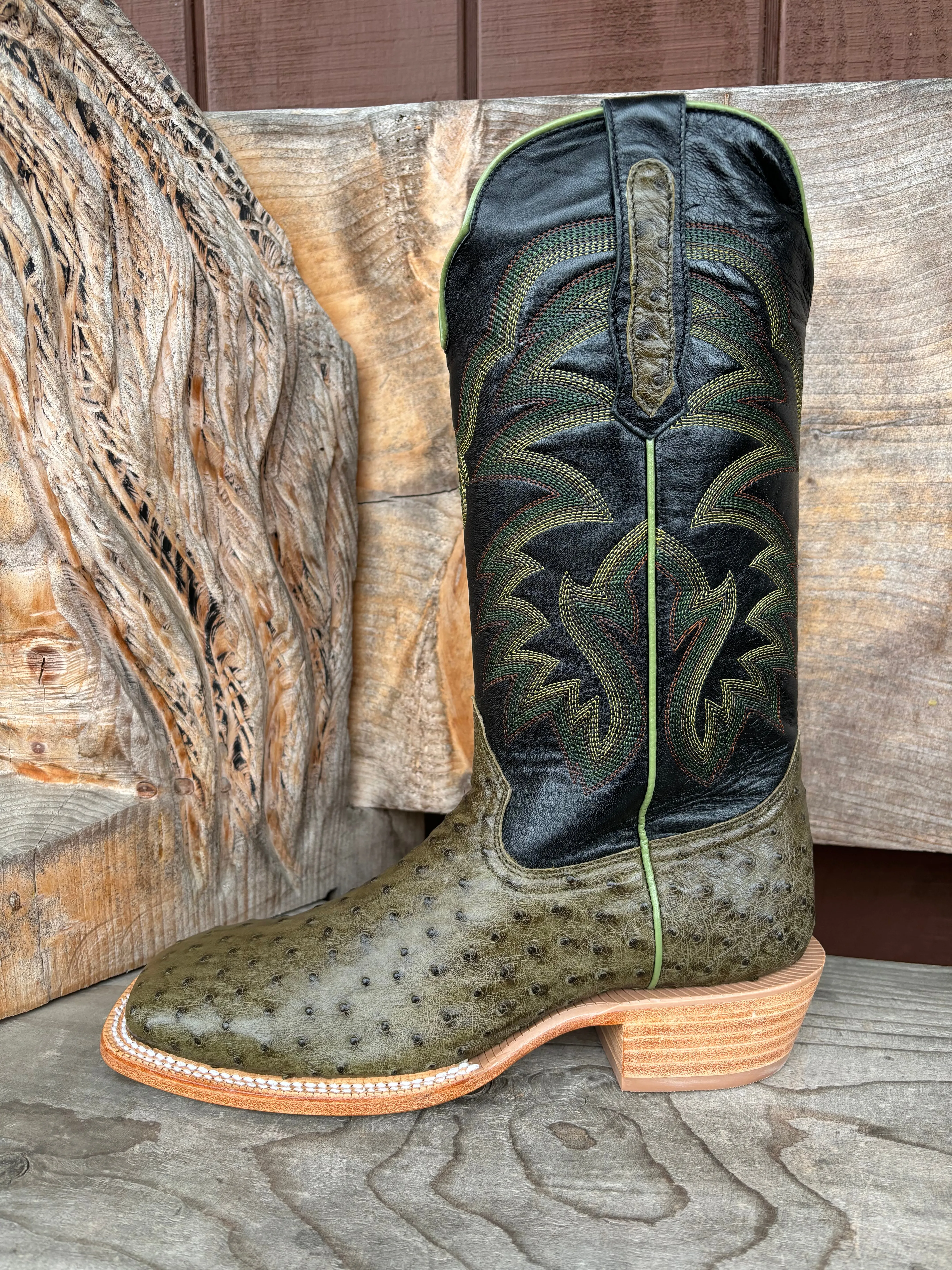 R. Watson Men's Forest Green Full Quill Ostrich Wide Square Toe Men's Cowboy Boots RW4521-2