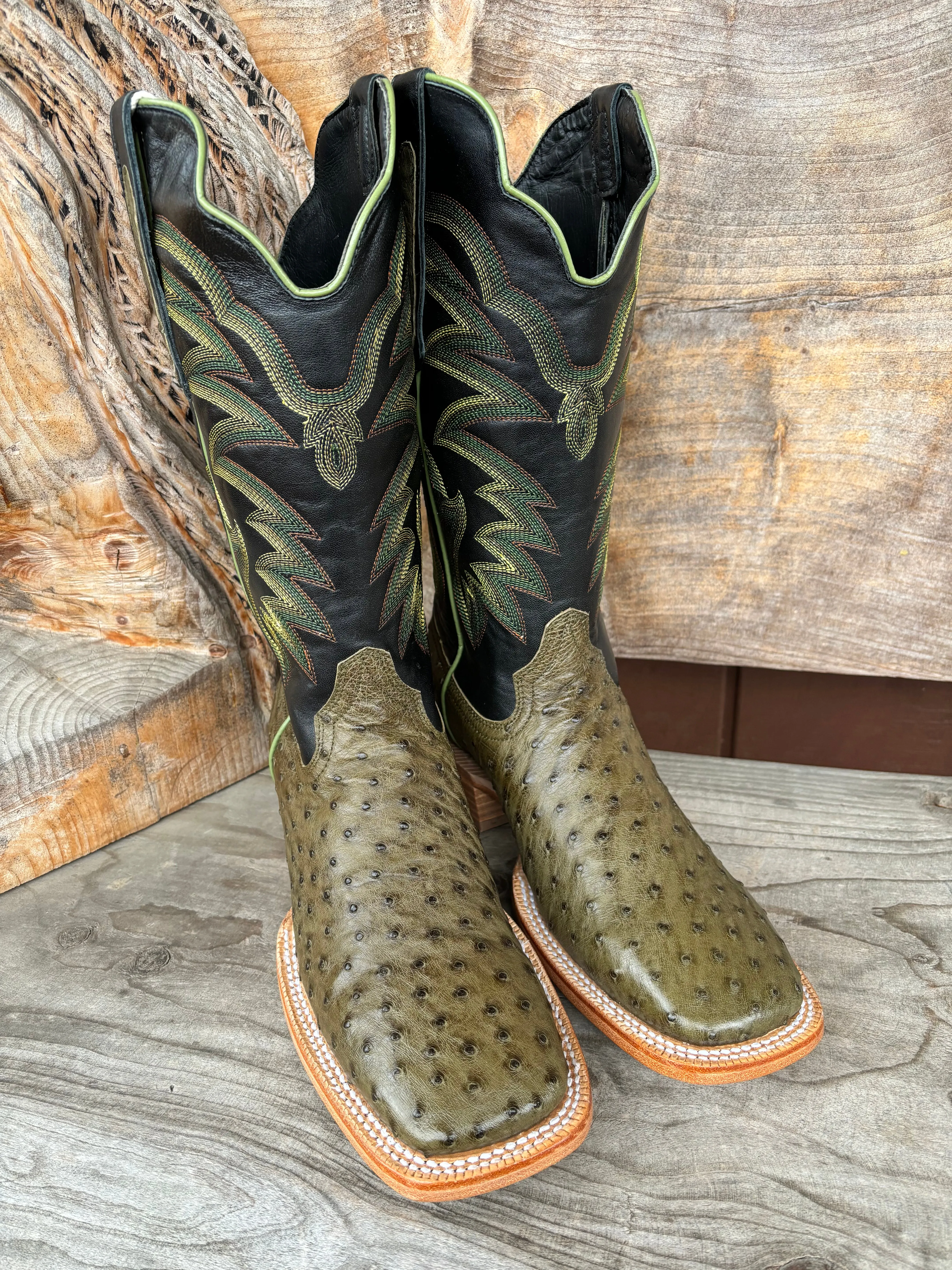 R. Watson Men's Forest Green Full Quill Ostrich Wide Square Toe Men's Cowboy Boots RW4521-2