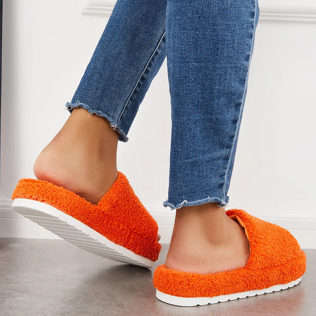 Sohiwoo Women Open Toe Faux Fur Flat Slippers Soft Warm Slip on Furry Slippers