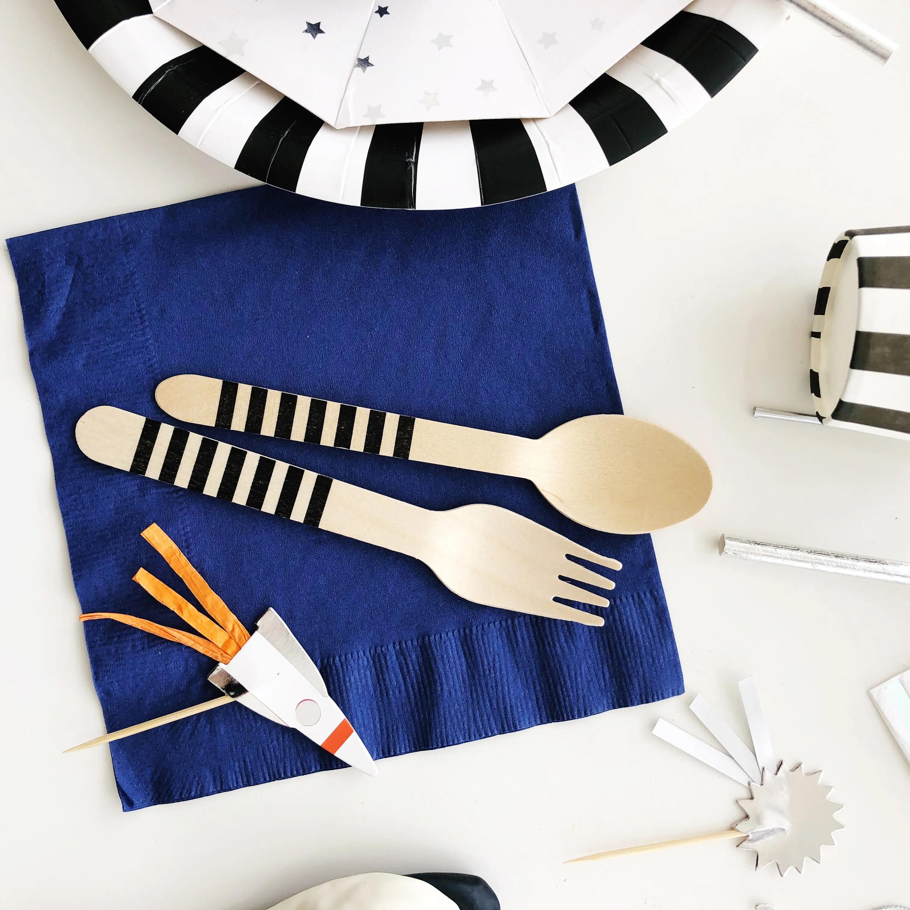 Wooden Party Utensils - Black Stripe